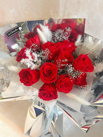 （情人節預訂) 熱情約會11枝紅保鮮玫瑰花束｜保鮮花 永生花生日花束 Pink Puple Preserved Flower Bouquet