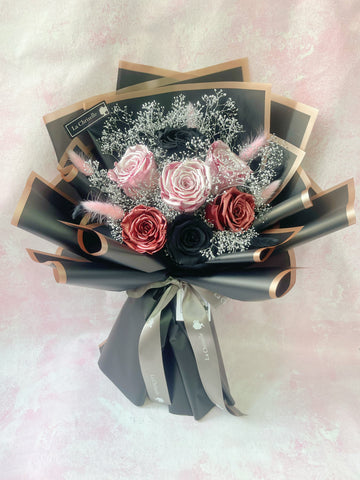 燦爛-閃爍7枝黑色粉紅色玫瑰金色保鮮玫瑰花束 永生花 Black Pink Preserved Roses Bouquet