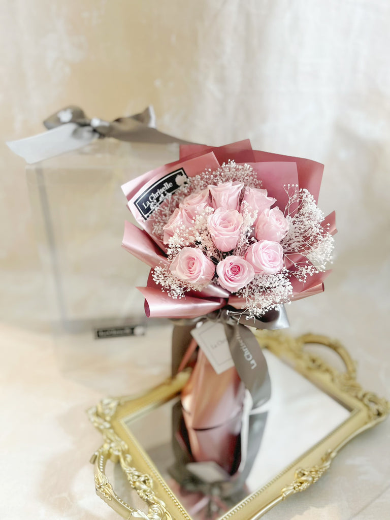 迷你*版天長地久9枝粉紅色保鮮玫瑰花永生花束  Le Petit Forever Love Preserved Pink Rose  Flower Bouquet