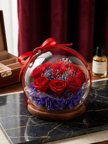 9 枝迷你永生花 紅玫瑰 水晶球保鮮花 玻璃罩 花瓶 擺設 Crystal Ball Passionate Red 9 Preserved Flowers