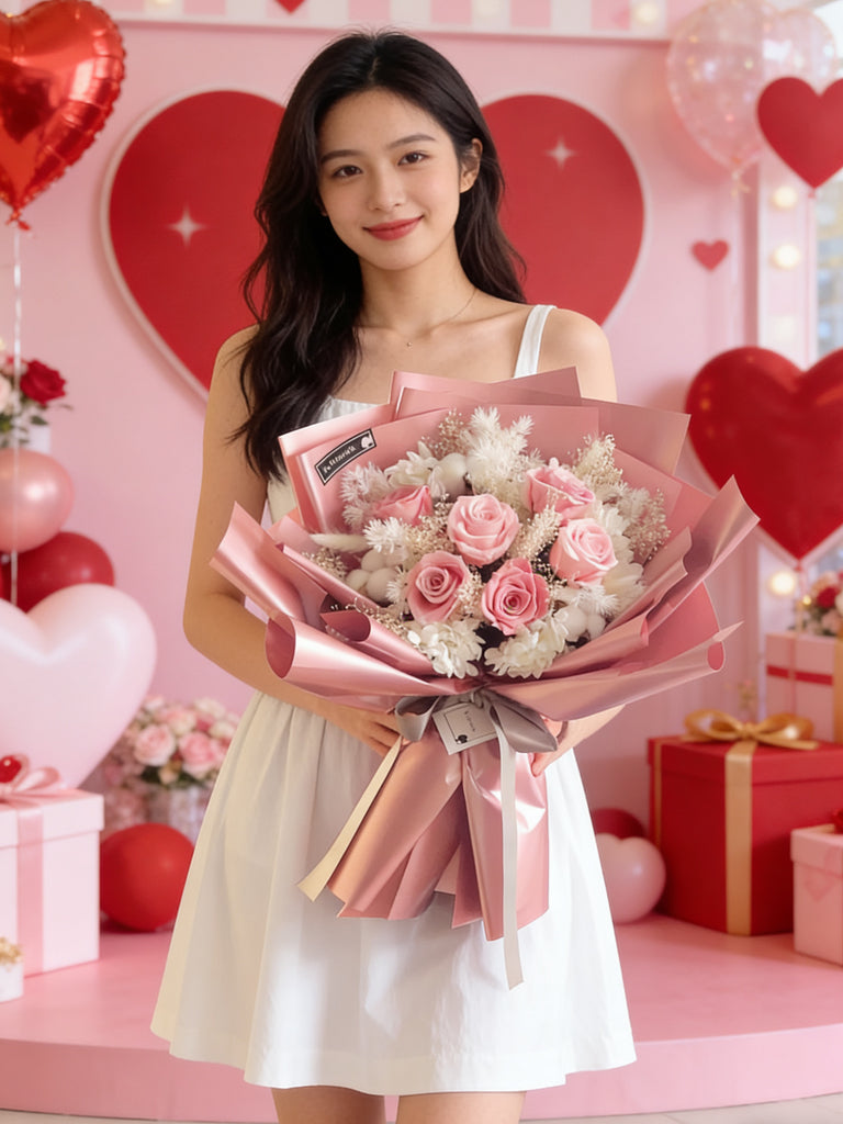 （情人節預訂）永恆的愛 6枝粉紅豆沙色系保鮮玫瑰花束｜保鮮花 永生花生日花束6pink preserved rose bouquet