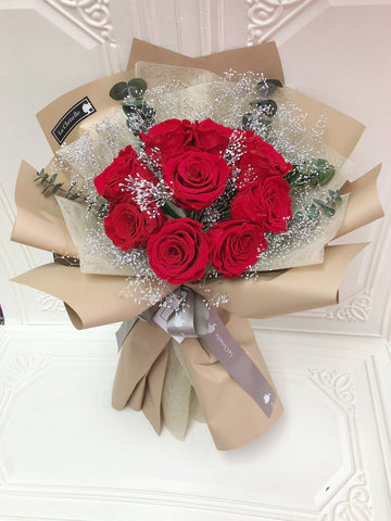 (情人節預訂）天長地久9枝紅色保鮮玫瑰花束 Forever Love Preserved Rose  Flower Bouquet