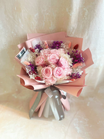 甜心-粉紅色保鮮玫瑰花束 永生花Pink Preserved Rose Bouquet