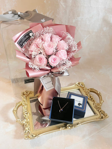頸鏈套裝 (情人節預訂) *迷你*版天長地久9枝粉色保鮮玫瑰花束  永生花 Le Petit Forever Love Preserved Rose  Flower Bouquet