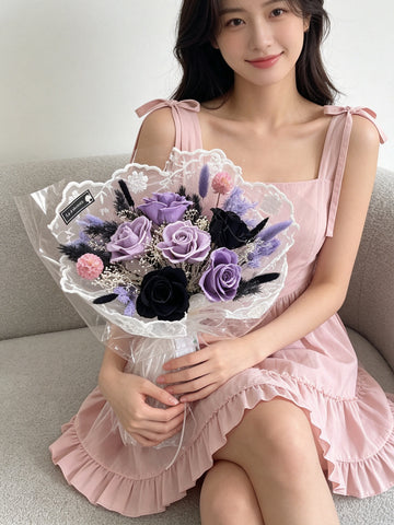 （現貨）永生花 法式浪漫 6枝黑色紫色保鮮玫瑰花束 生日花束 Preserved Flower Bouquet