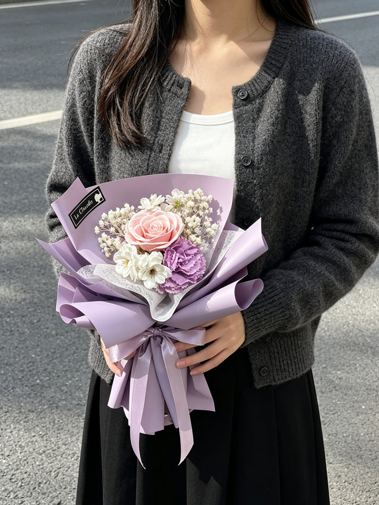 (番梘花）母親節花束系列— 媽媽 玫瑰花 康乃馨 番梘花束 紫色花紙