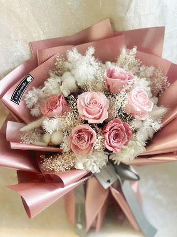 （情人節預訂）永恆的愛 6枝粉紅豆沙色系保鮮玫瑰花束｜保鮮花 永生花生日花束6pink preserved rose bouquet