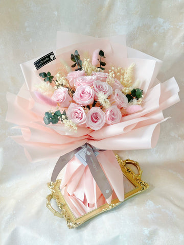 (情人節預訂）11 枝一生一世粉紅保鮮玫瑰花束  永生花Forever Love Preserved Pink Rose  Flower Bouquet