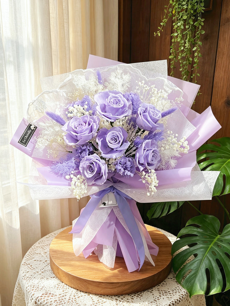 永生花浪漫七夕紫色綠6枝紅保鮮玫瑰花束 生日花束 Preserved Flower Bouquet
