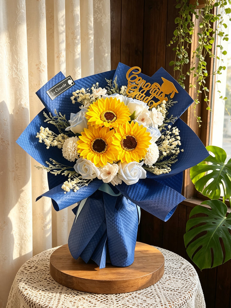 (番梘花）畢業花束系列—貴族藍太陽花 玫瑰花 乾燥花束