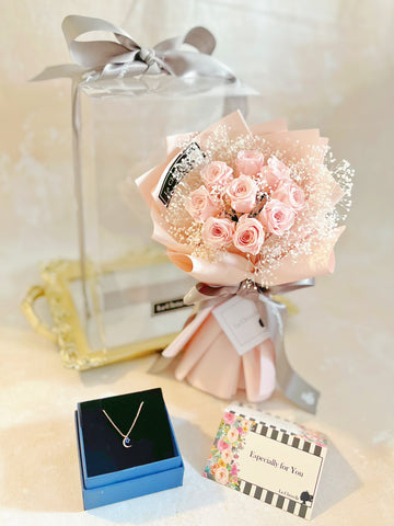 迷你版天長地久9枝粉紅色保鮮玫瑰花永生花束  + 頸鏈 Le Petit Forever Love Preserved  pink  Rose  Flower Bouquet