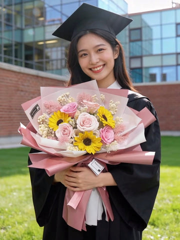 （番梘花）畢業花束系列— 畢業愉快 玫瑰花 太陽花 乾燥花束