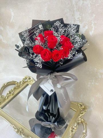 *迷你*版天長地久9枝紅色保鮮玫瑰花永生花束  Le Petit Forever Love Red Preserved Rose Flower Bouquet