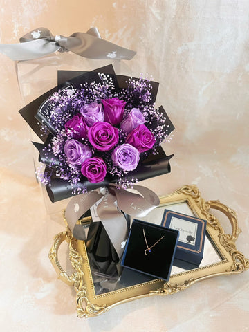 頸鏈套裝（情人節預訂) 迷你版天長地久9枝紫色保鮮玫瑰花永生花束  + 頸鏈 Le Petit Forever Love Preserved  Red  Rose  Flower Bouquet