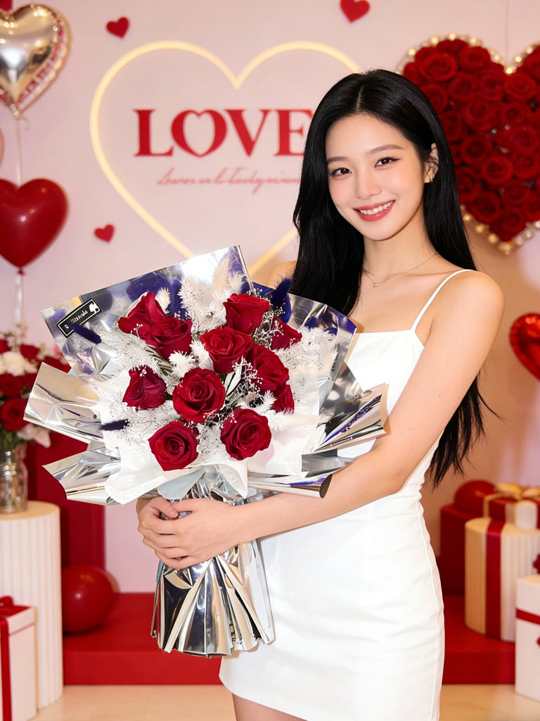 （情人節預訂) 熱情約會11枝紅保鮮玫瑰花束｜保鮮花 永生花生日花束 Pink Puple Preserved Flower Bouquet