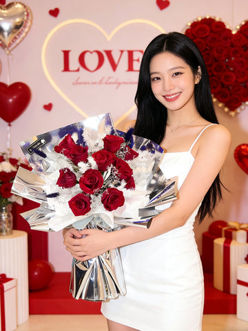 （情人節預訂) 熱情約會11枝紅保鮮玫瑰花束｜保鮮花 永生花生日花束 Pink Puple Preserved Flower Bouquet