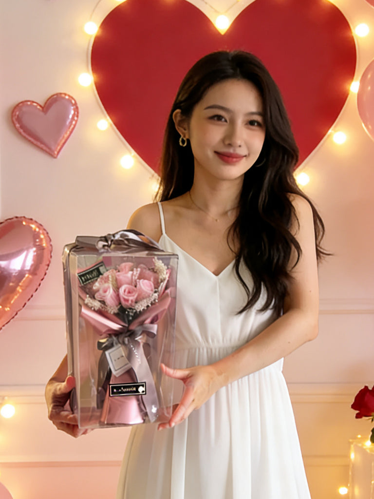 頸鏈套裝 (情人節預訂) *迷你*版天長地久9枝粉色保鮮玫瑰花束  永生花 Le Petit Forever Love Preserved Rose  Flower Bouquet