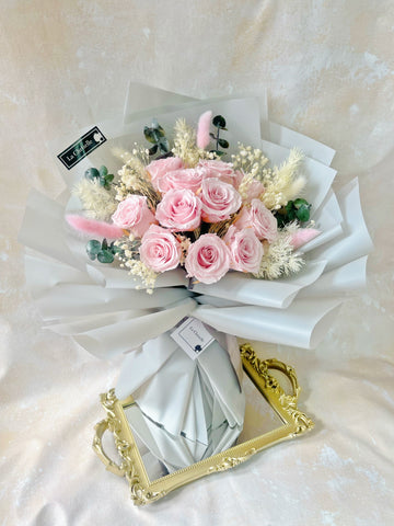 (情人節預訂）11 枝一心一意粉紅保鮮玫瑰花束  永生花Forever Love Preserved Pink Rose  Flower Bouquet