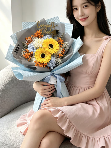 （番梘花）快樂頌 畢業花束系列— 玫瑰花 太陽花 乾燥花束