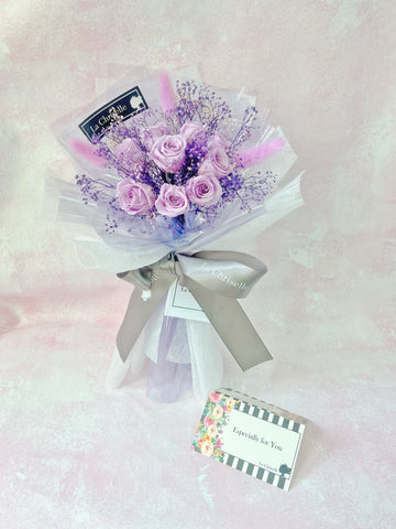 *迷你加長版* 天長地久9枝紫色保鮮玫瑰花束永生花  Le Petit Forever Love Preserved Purple Rose  Flower Bouquet & Necklace