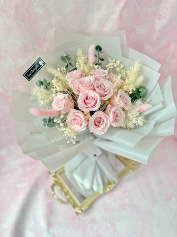 11 枝一心一意粉紅保鮮玫瑰花束  永生花Forever Love Preserved Pink Rose  Flower Bouquet