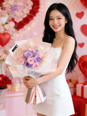 （情人節預訂)甜蜜約定 11 粉紅紫色保鮮玫瑰花束｜保鮮花 永生花生日花束 Pink Puple Preserved Flower Bouquet