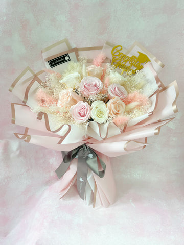 我的甜心 9枝三色保鮮玫瑰花 永生花 束  Forever Love Preserved Pink Rose  Flower Bouquet