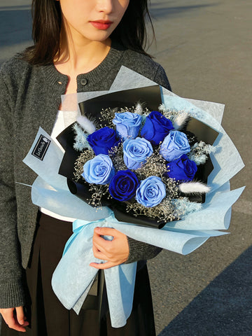 天長地久混藍9枝保鮮玫瑰花束｜保鮮花 永生花生日花束 9 blue preserved rose bouquet