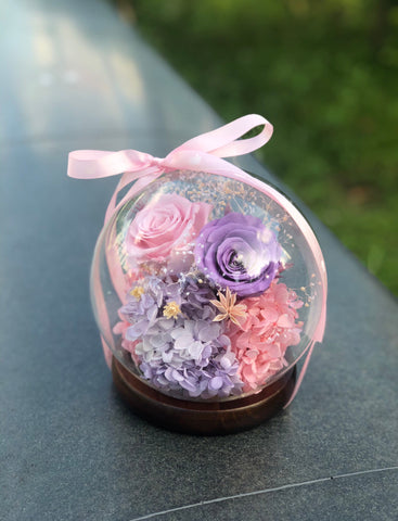 (情人節預訂）粉紅粉紫玫瑰花水晶球保鮮花 永生花Pink Purple Rose Preserved Flowers Crystal Ball Gift