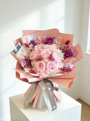 甜心-粉紅色保鮮玫瑰花束 永生花Pink Preserved Rose Bouquet