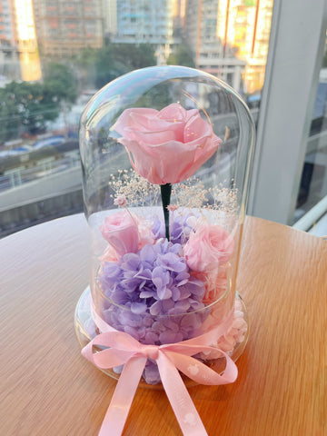 （情人節預訂）浪漫情人 粉紅色 玫瑰花園保鮮花禮 永生花 玻璃罩 花瓶 擺設  Best Seller La Romance in pink  Preserved Flowers
