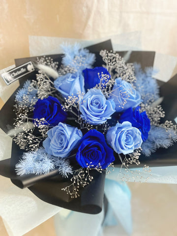 （情人節預訂）天長地久混藍9枝保鮮玫瑰花束｜保鮮花 永生花生日花束 9 blue preserved rose bouquet