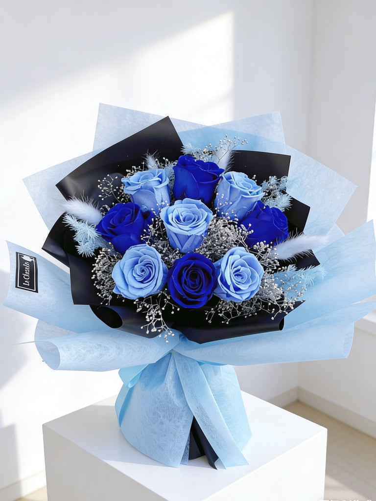 天長地久混藍9枝保鮮玫瑰花束｜保鮮花 永生花生日花束 9 blue preserved rose bouquet