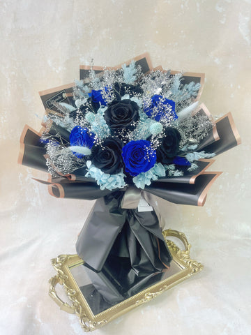 天長地久9 枝貴族藍+ 黑 保鮮玫瑰花永生花束 Forever Love 9 Navy Blue Preserved Roses Bouquet