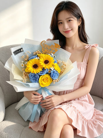 （番梘花）畢業花束系列—太陽仲夏 太陽花 玫瑰花 乾燥花束