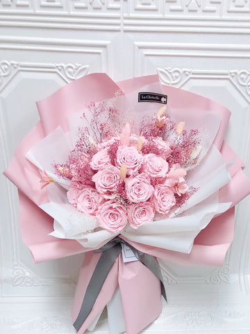 （情人節預訂）粉色天長地久20枝，保鮮玫瑰花永生花束  生日求婚花束 Pink Forever Love Preserved Roses Bouquet