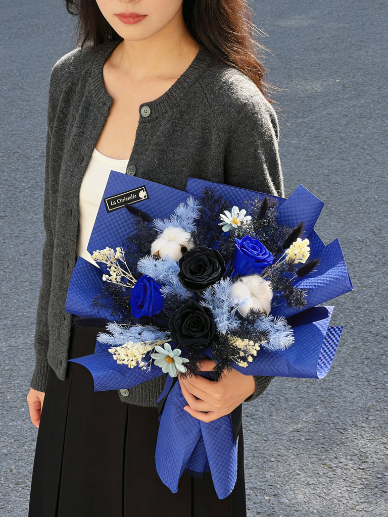 巴黎晚上 4 枝保鮮玫瑰花束｜保鮮花 永生花生日花束 blue black midnight in Paris Preserved Flower Bouquet