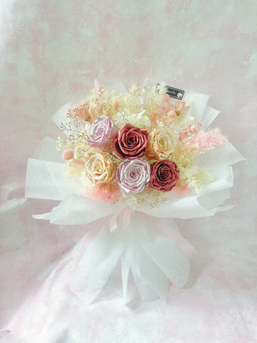 公主的約會-6枝香檳色/紅色/玫瑰金色保鮮玫瑰花束 永生花 Magical World Preserved Roses Bouquet
