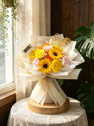 (番梘花）畢業花束系列— 燦爛畢業日 玫瑰花 太陽花乾燥花束