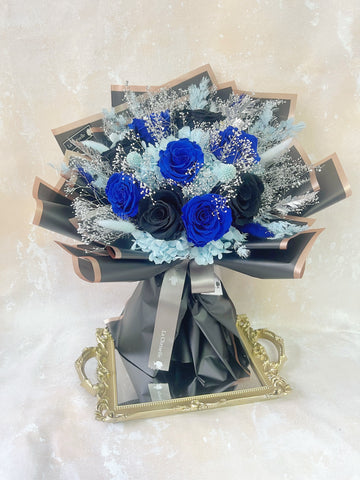 （情人節預訂）天長地久9 枝貴族藍+ 黑 保鮮玫瑰花永生花束 Forever Love 9 Navy Blue Black Preserved Roses Bouquet