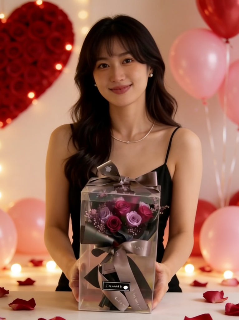 頸鏈套裝（情人節預訂) 迷你版天長地久9枝紫色保鮮玫瑰花永生花束  + 頸鏈 Le Petit Forever Love Preserved  Red  Rose  Flower Bouquet