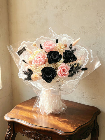 （現貨）永生花 法式浪漫 6枝黑色粉紅色保鮮玫瑰花束 生日花束 Preserved Flower Bouquet