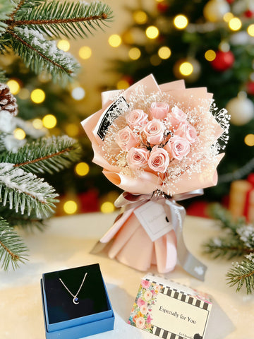 迷你版天長地久9枝粉紅色保鮮玫瑰花永生花束  + 頸鏈 Le Petit Forever Love Preserved  pink  Rose  Flower Bouquet