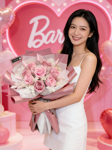 （情人節預訂）天長地久 9 枝粉紅豆沙色系保鮮玫瑰花束｜保鮮花 永生花生日花束6pink preserved rose bouquet