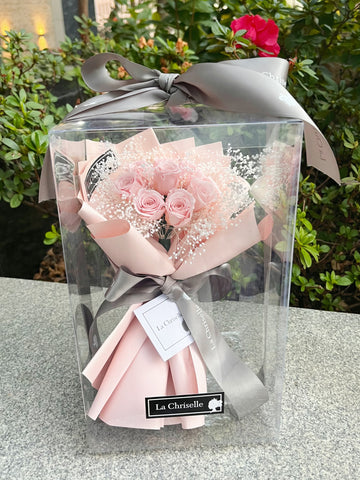 迷你版天長地久9枝粉紅色保鮮玫瑰花永生花束  + 頸鏈 Le Petit Forever Love Preserved  pink  Rose  Flower Bouquet