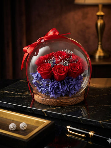 9 枝迷你永生花 紅玫瑰 水晶球保鮮花 玻璃罩 花瓶 擺設 Crystal Ball Passionate Red 9 Preserved Flowers