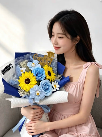(番梘花)畢業花束系列— 藍色多瑙河 玫瑰花  太陽花 中學畢業花束 大學畢業花束 幼稚園畢業花束 小學畢業花束