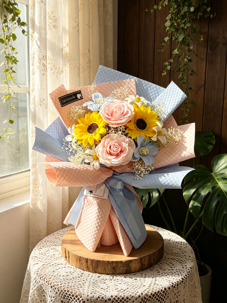 (番梘花) 日系粉紅藍 畢業花束系列—太陽花 小學 中學 大學 幼稚園 畢業花束