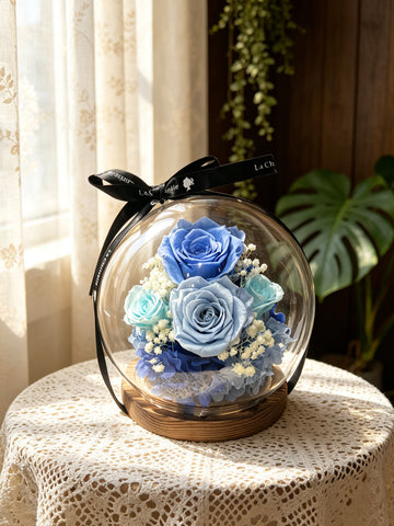 藍天空 水晶球 保鮮花 永生花 玻璃罩 花瓶 擺設  Blue Crystal Ball  Preserved Flowers