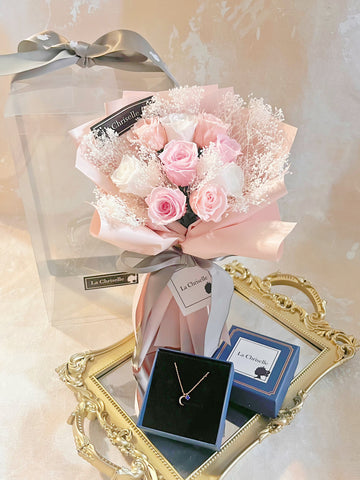 頸鏈套裝 (情人節預訂) *迷你*版天長地久9枝3色保鮮玫瑰花束  永生花 Le Petit Forever Love Preserved Rose  Flower Bouquet